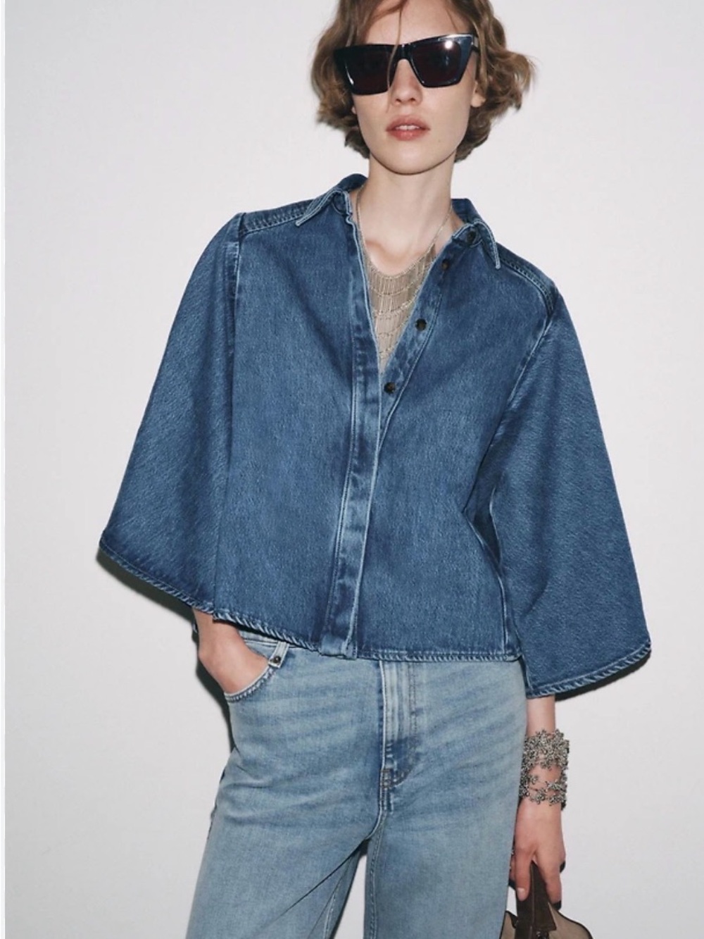 Zara Blue Denim Boxy Button-Up Shirt
